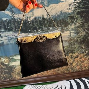 Vintage Original By Caprice Black Leather Purse with Ornate Gold Clasp